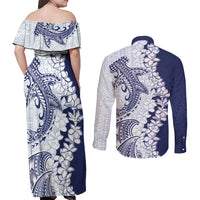 Polynesian Navy Blue Plumeria Lei Couples Matching Off Shoulder Maxi Dress and Long Sleeve Button Shirt with Hammerhead Shark LT7 - Polynesian Pride