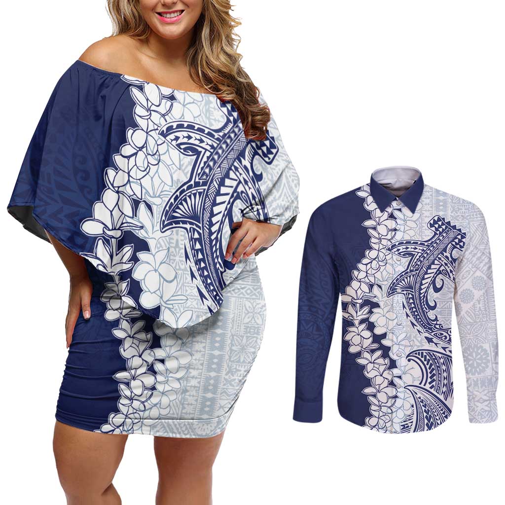 Polynesian Navy Blue Plumeria Lei Couples Matching Off Shoulder Short Dress and Long Sleeve Button Shirt with Hammerhead Shark LT7 Navy Blue - Polynesian Pride
