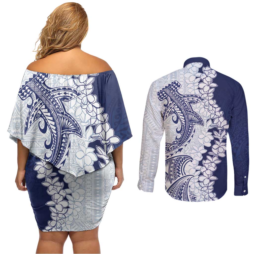 Polynesian Navy Blue Plumeria Lei Couples Matching Off Shoulder Short Dress and Long Sleeve Button Shirt with Hammerhead Shark LT7 - Polynesian Pride