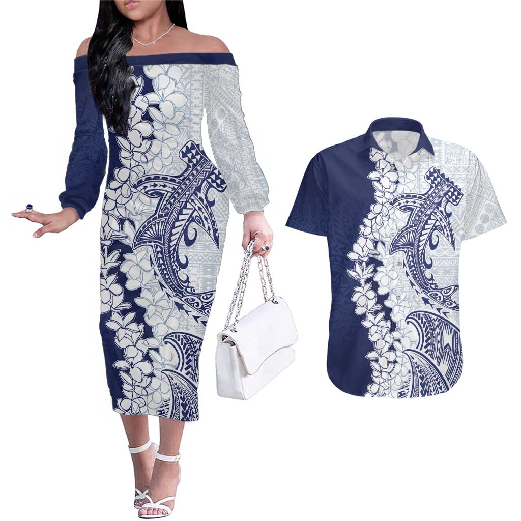 Polynesian Navy Blue Plumeria Lei Couples Matching Off The Shoulder Long Sleeve Dress and Hawaiian Shirt with Hammerhead Shark