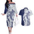 Polynesian Navy Blue Plumeria Lei Couples Matching Off The Shoulder Long Sleeve Dress and Hawaiian Shirt with Hammerhead Shark