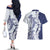 Polynesian Navy Blue Plumeria Lei Couples Matching Off The Shoulder Long Sleeve Dress and Hawaiian Shirt with Hammerhead Shark