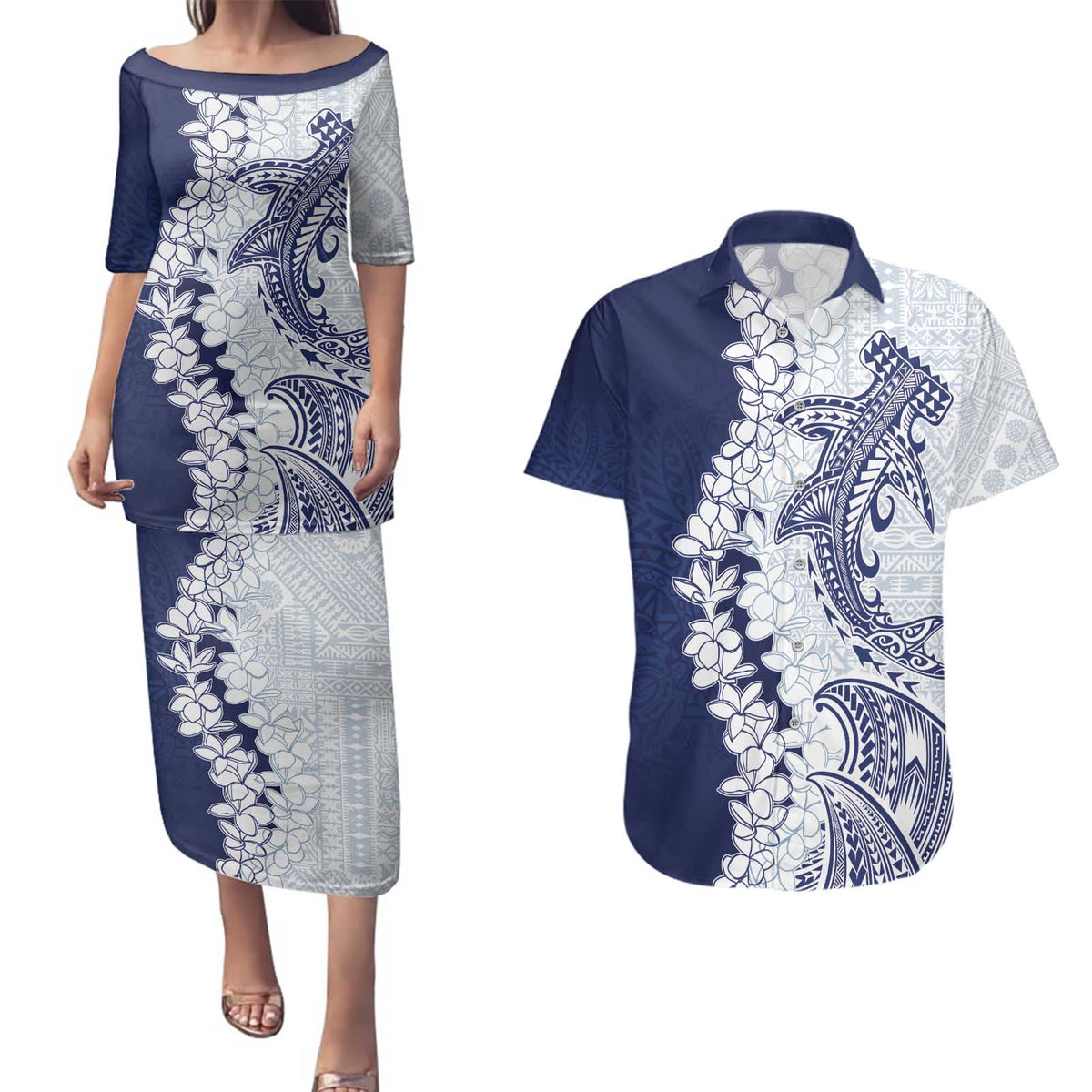 Polynesian Navy Blue Plumeria Lei Couples Matching Puletasi and Hawaiian Shirt with Hammerhead Shark LT7 Navy Blue - Polynesian Pride