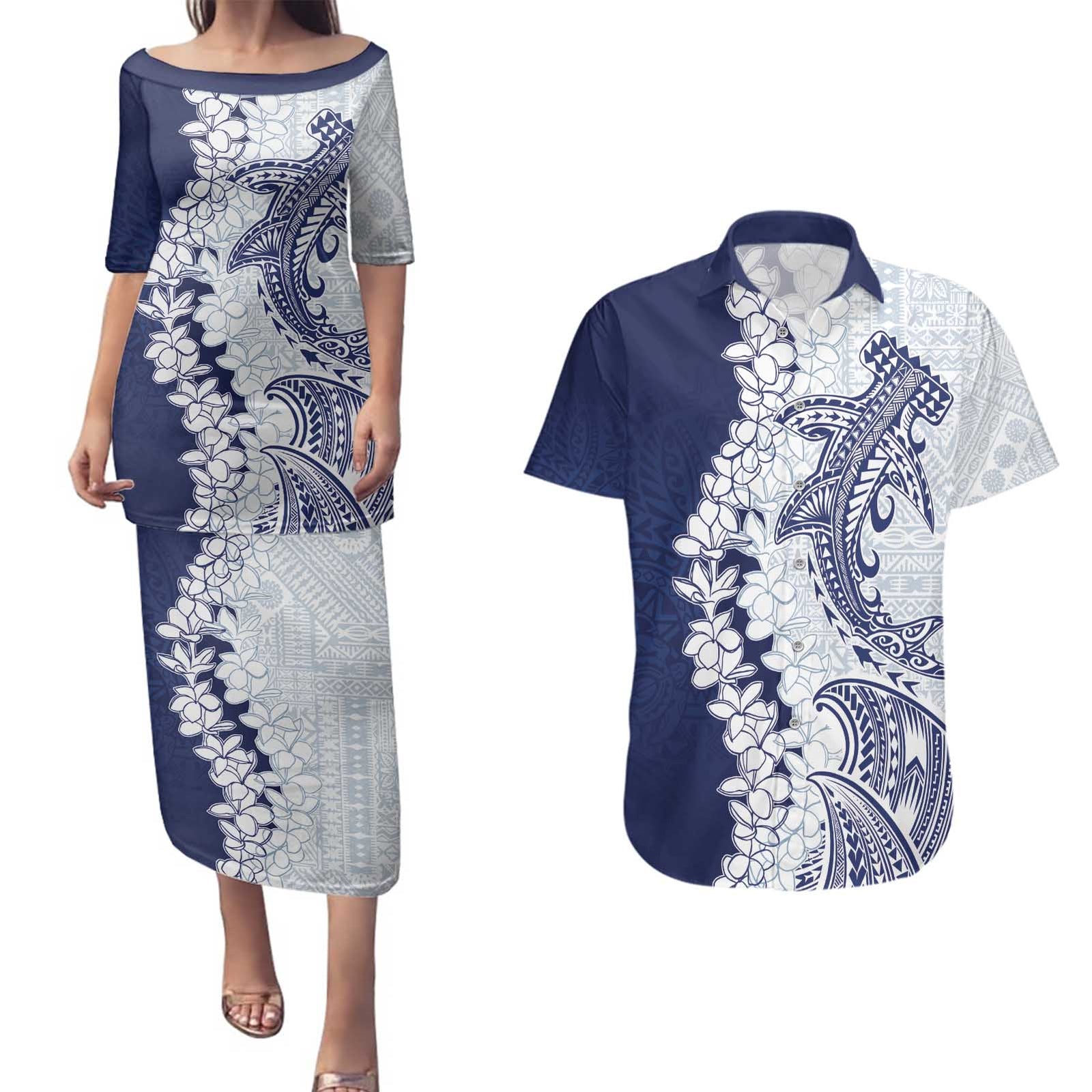 Polynesian Navy Blue Plumeria Lei Couples Matching Puletasi and Hawaiian Shirt with Hammerhead Shark LT7 Navy Blue - Polynesian Pride