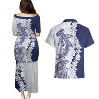 Polynesian Navy Blue Plumeria Lei Couples Matching Puletasi and Hawaiian Shirt with Hammerhead Shark LT7 - Polynesian Pride