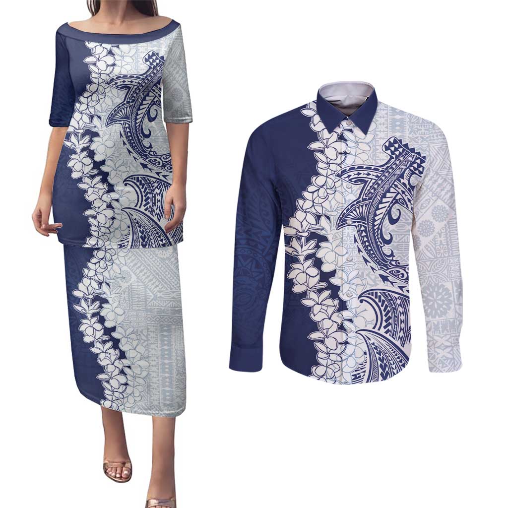 Polynesian Navy Blue Plumeria Lei Couples Matching Puletasi and Long Sleeve Button Shirt with Hammerhead Shark LT7 Navy Blue - Polynesian Pride