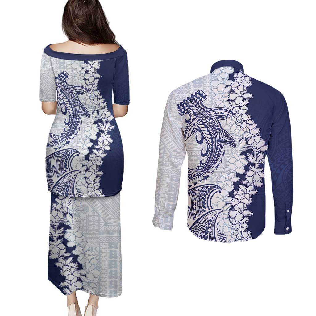 Polynesian Navy Blue Plumeria Lei Couples Matching Puletasi and Long Sleeve Button Shirt with Hammerhead Shark LT7 - Polynesian Pride