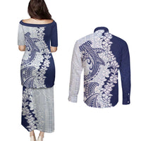 Polynesian Navy Blue Plumeria Lei Couples Matching Puletasi and Long Sleeve Button Shirt with Hammerhead Shark LT7 - Polynesian Pride