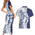 Polynesian Navy Blue Plumeria Lei Couples Matching Short Sleeve Bodycon Dress and Hawaiian Shirt with Hammerhead Shark