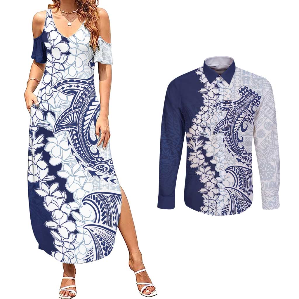 Polynesian Navy Blue Plumeria Lei Couples Matching Summer Maxi Dress and Long Sleeve Button Shirt with Hammerhead Shark LT7 Navy Blue - Polynesian Pride