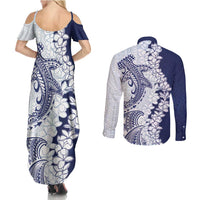 Polynesian Navy Blue Plumeria Lei Couples Matching Summer Maxi Dress and Long Sleeve Button Shirt with Hammerhead Shark LT7 - Polynesian Pride