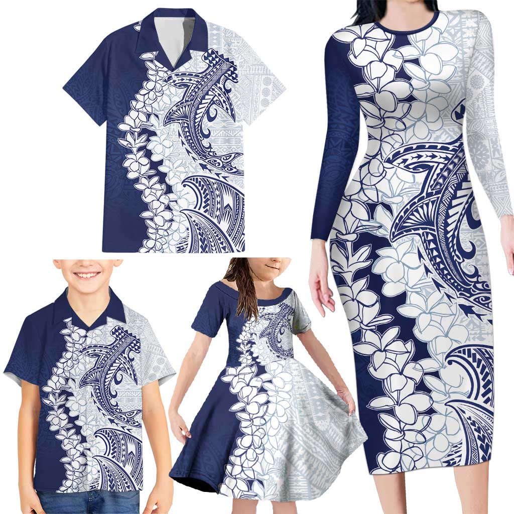 Polynesian Navy Blue Plumeria Lei Family Matching Long Sleeve Bodycon Dress and Hawaiian Shirt with Hammerhead Shark