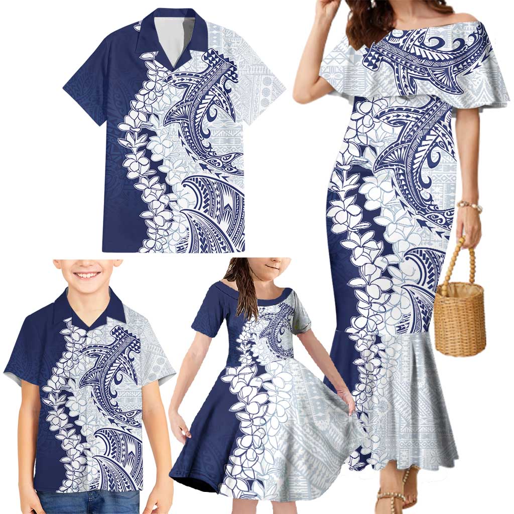 Polynesian Navy Blue Plumeria Lei Family Matching Mermaid Dress and Hawaiian Shirt with Hammerhead Shark