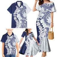 Polynesian Navy Blue Plumeria Lei Family Matching Mermaid Dress and Hawaiian Shirt with Hammerhead Shark