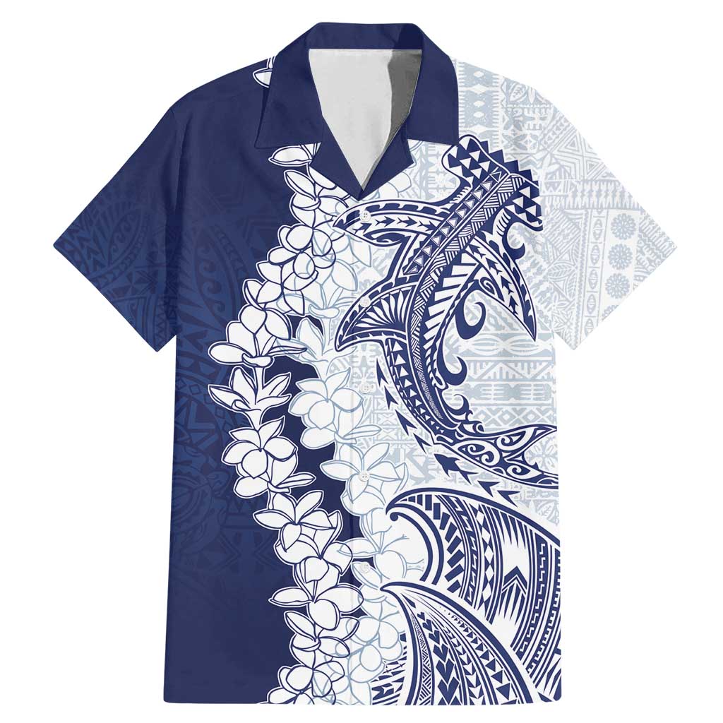 Polynesian Navy Blue Plumeria Lei Family Matching Mermaid Dress and Hawaiian Shirt with Hammerhead Shark