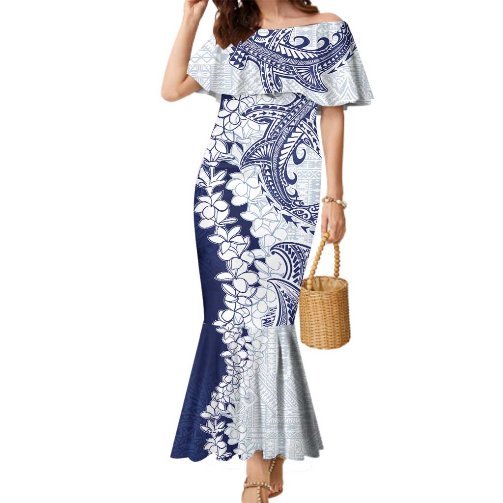 Polynesian Navy Blue Plumeria Lei Family Matching Mermaid Dress and Hawaiian Shirt with Hammerhead Shark