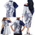 Polynesian Navy Blue Plumeria Lei Family Matching Off The Shoulder Long Sleeve Dress and Hawaiian Shirt with Hammerhead Shark