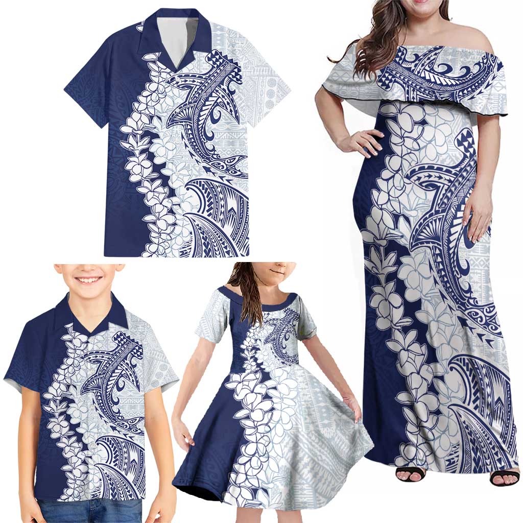 Polynesian Navy Blue Plumeria Lei Family Matching Off Shoulder Maxi Dress and Hawaiian Shirt with Hammerhead Shark