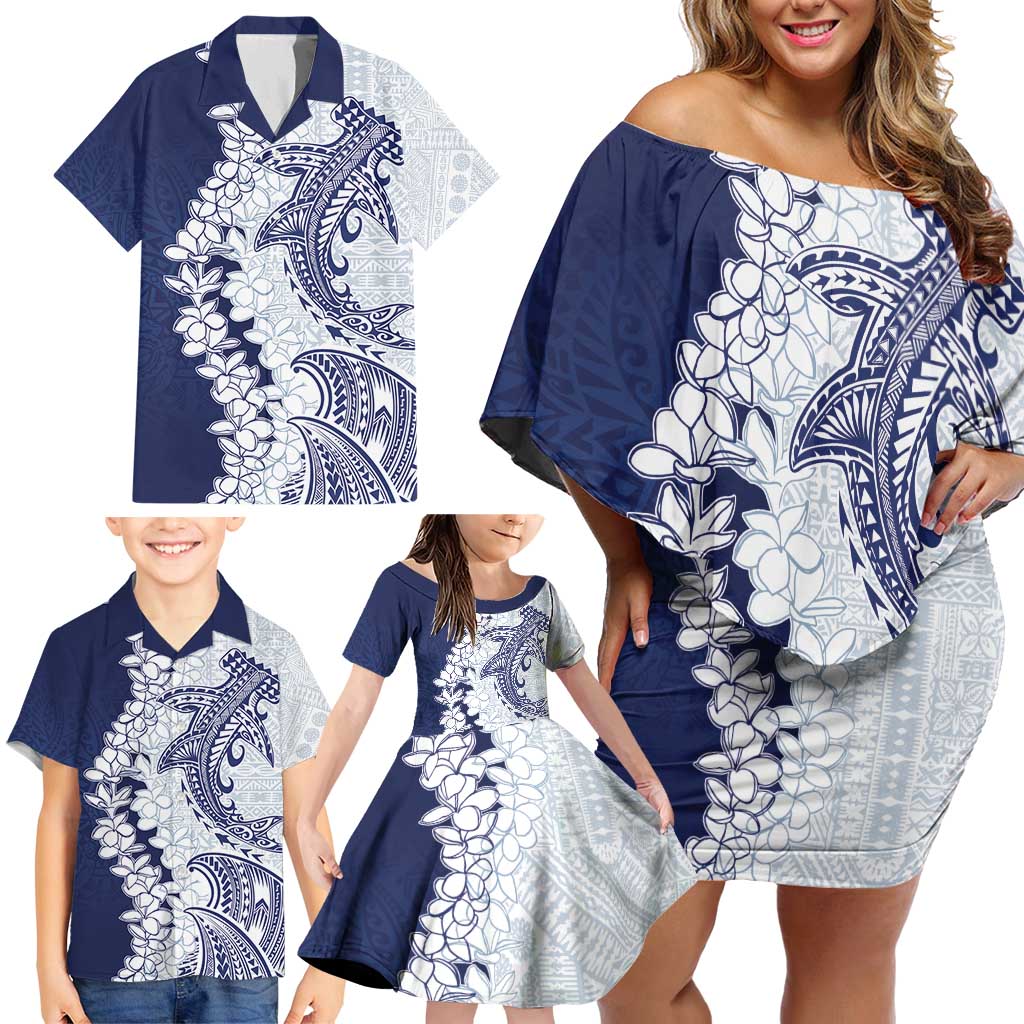 Polynesian Navy Blue Plumeria Lei Family Matching Off Shoulder Short Dress and Hawaiian Shirt with Hammerhead Shark