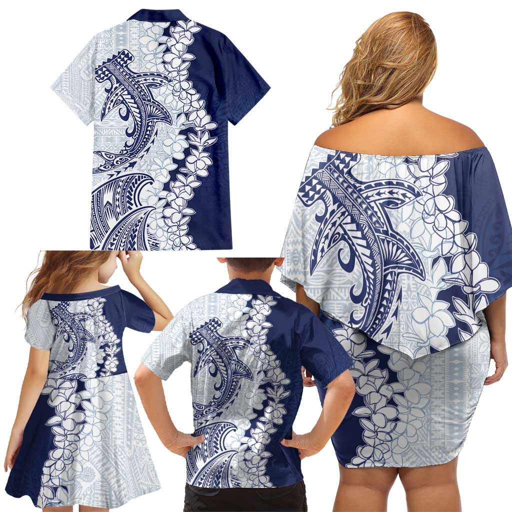 Polynesian Navy Blue Plumeria Lei Family Matching Off Shoulder Short Dress and Hawaiian Shirt with Hammerhead Shark
