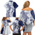 Polynesian Navy Blue Plumeria Lei Family Matching Off Shoulder Short Dress and Hawaiian Shirt with Hammerhead Shark