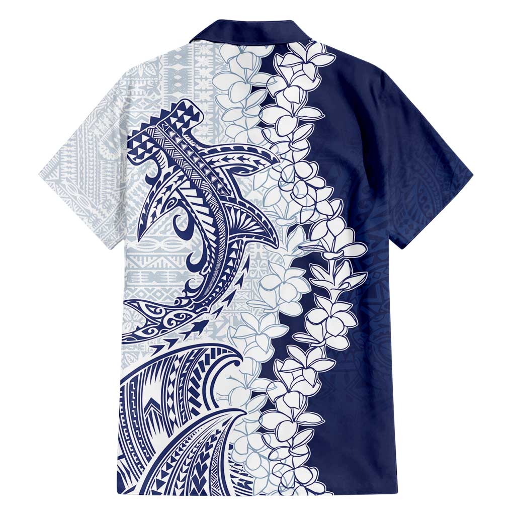 Polynesian Navy Blue Plumeria Lei Family Matching Short Sleeve Bodycon Dress and Hawaiian Shirt with Hammerhead Shark