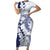 Polynesian Navy Blue Plumeria Lei Family Matching Short Sleeve Bodycon Dress and Hawaiian Shirt with Hammerhead Shark