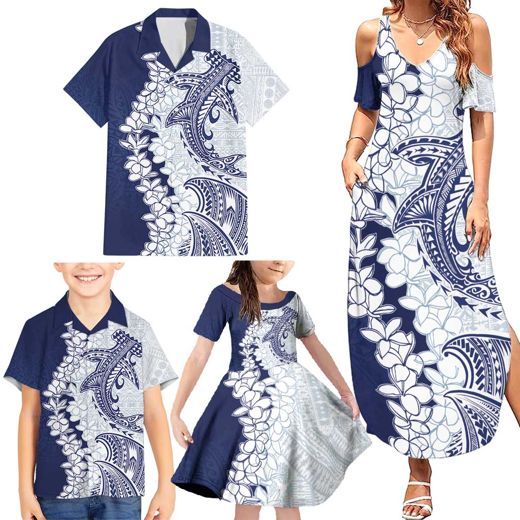 Polynesian Navy Blue Plumeria Lei Family Matching Summer Maxi Dress and Hawaiian Shirt with Hammerhead Shark