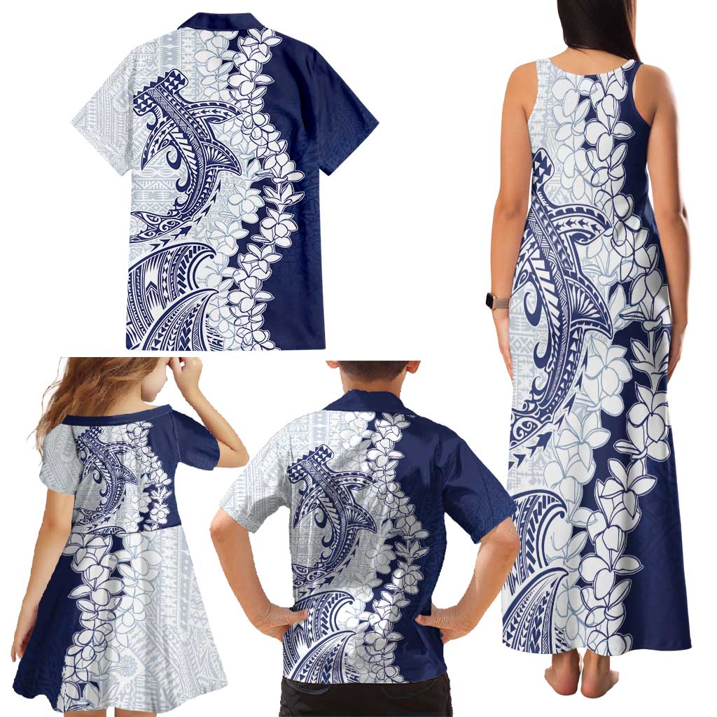 Polynesian Navy Blue Plumeria Lei Family Matching Tank Maxi Dress and Hawaiian Shirt with Hammerhead Shark