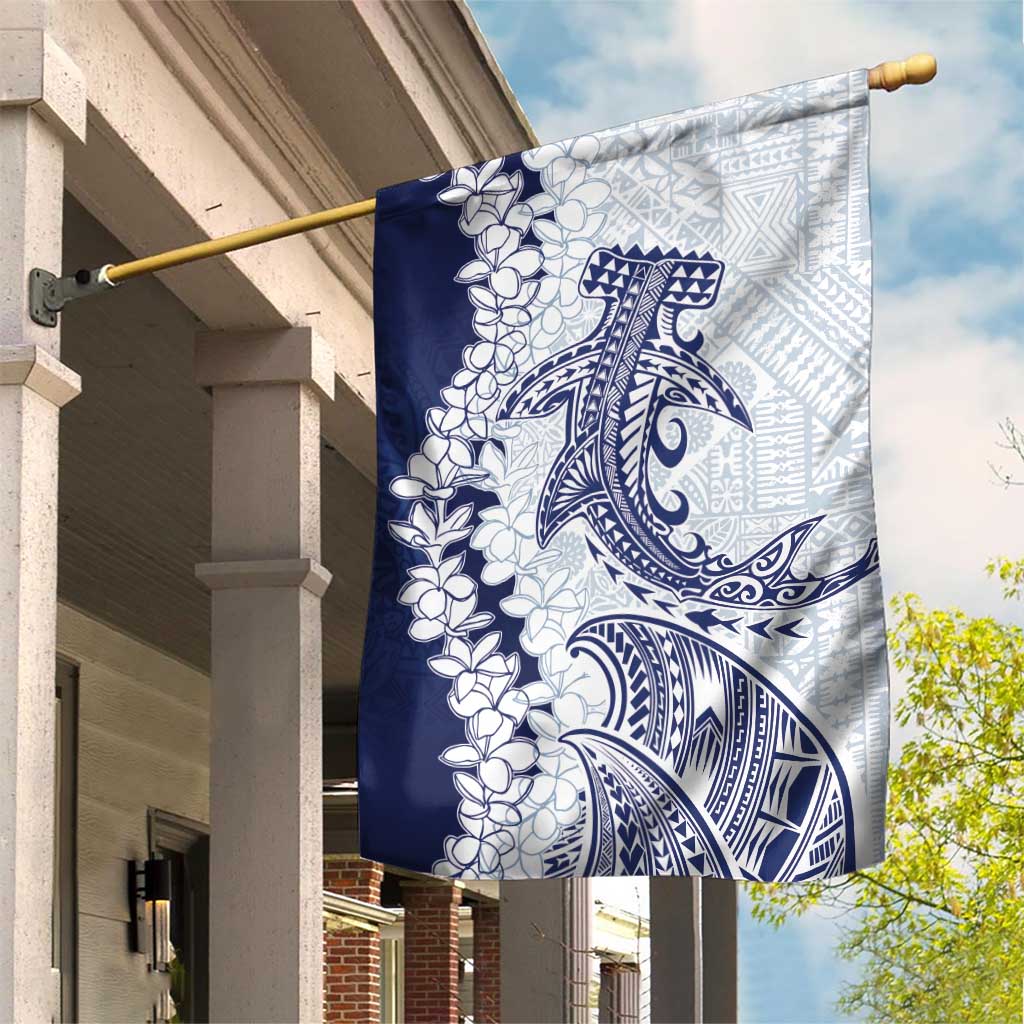 Polynesian Navy Blue Plumeria Lei Garden Flag with Hammerhead Shark