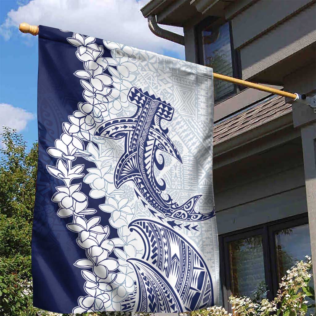 Polynesian Navy Blue Plumeria Lei Garden Flag with Hammerhead Shark LT7 - Polynesian Pride