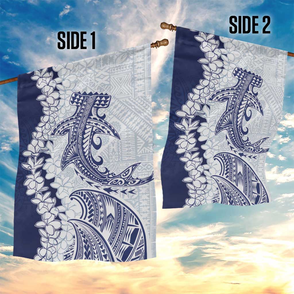 Polynesian Navy Blue Plumeria Lei Garden Flag with Hammerhead Shark LT7 - Polynesian Pride