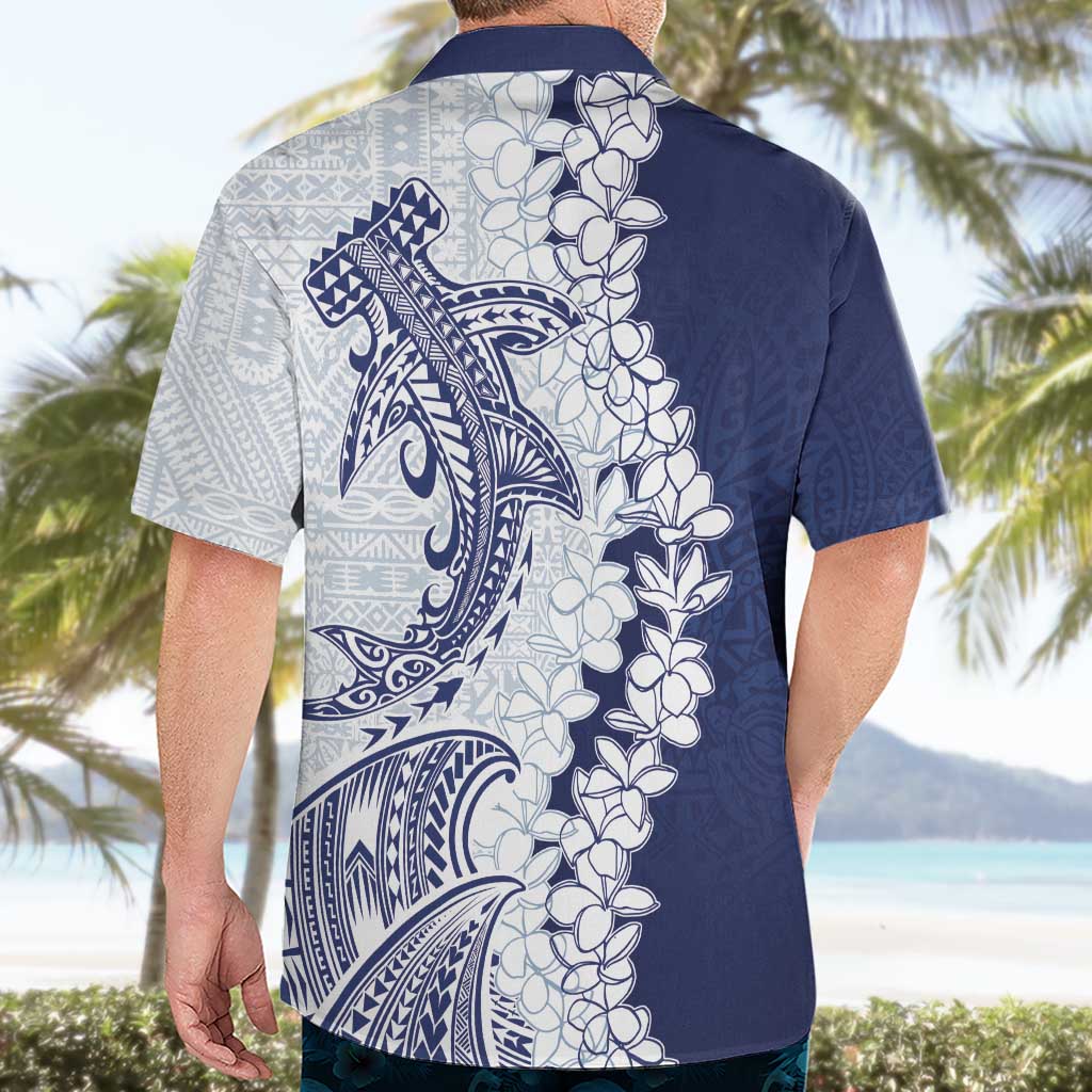 Polynesian Navy Blue Plumeria Lei Hawaiian Shirt with Hammerhead Shark LT7 - Polynesian Pride