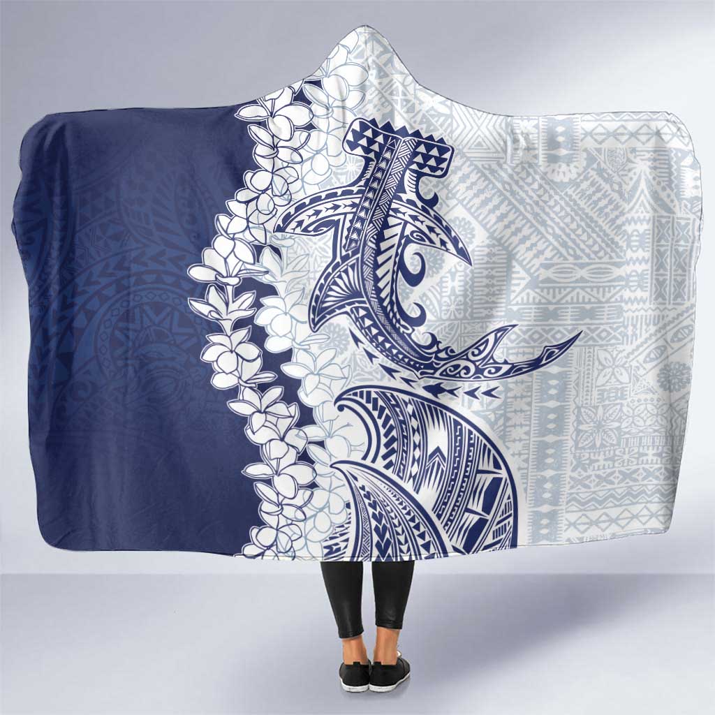 Polynesian Navy Blue Plumeria Lei Hooded Blanket with Hammerhead Shark LT7 One Size Navy Blue - Polynesian Pride