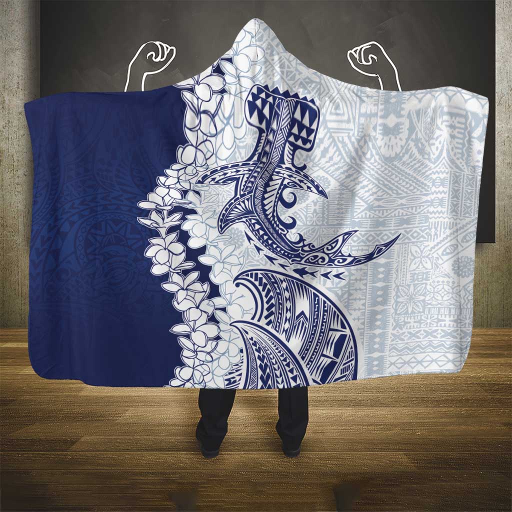 Polynesian Navy Blue Plumeria Lei Hooded Blanket with Hammerhead Shark LT7 - Polynesian Pride