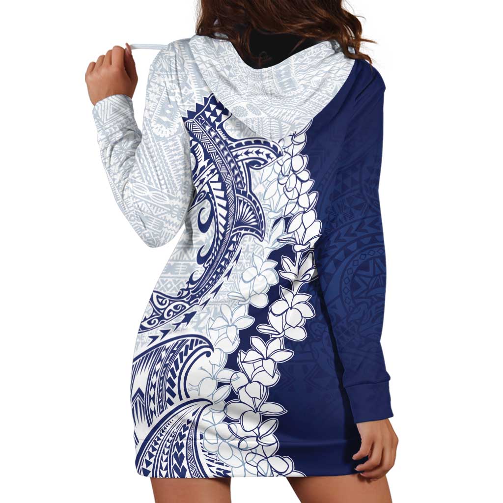 Polynesian Navy Blue Plumeria Lei Hoodie Dress with Hammerhead Shark LT7 - Polynesian Pride