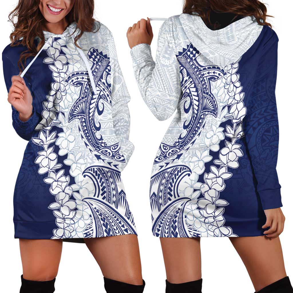Polynesian Navy Blue Plumeria Lei Hoodie Dress with Hammerhead Shark LT7 - Polynesian Pride