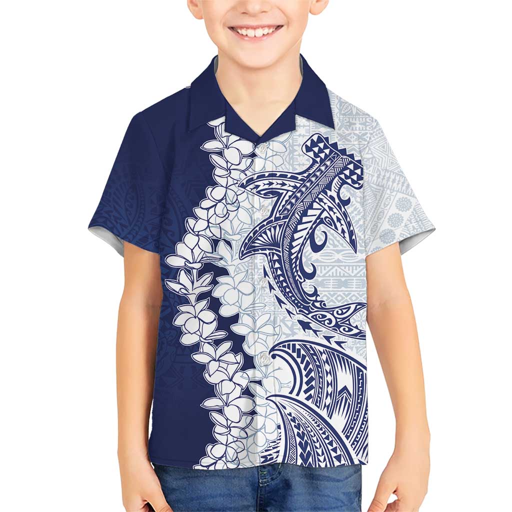 Polynesian Navy Blue Plumeria Lei Kid Hawaiian Shirt with Hammerhead Shark