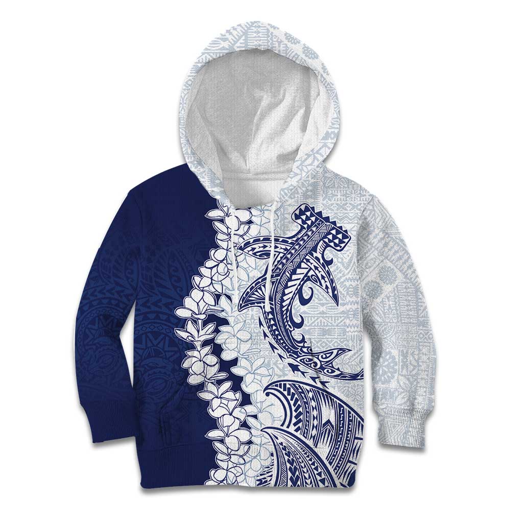 Polynesian Navy Blue Plumeria Lei Kid Hoodie with Hammerhead Shark