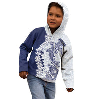 Polynesian Navy Blue Plumeria Lei Kid Hoodie with Hammerhead Shark