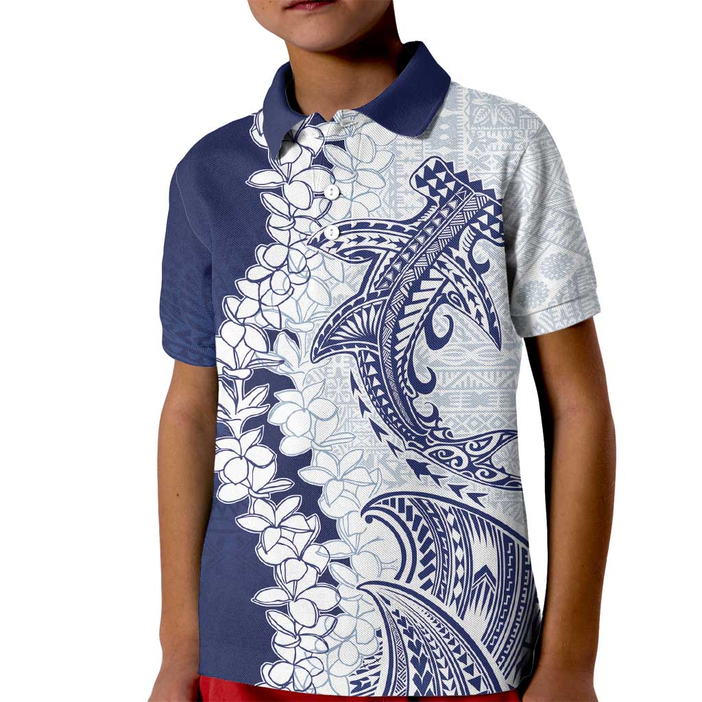 Polynesian Navy Blue Plumeria Lei Kid Polo Shirt with Hammerhead Shark