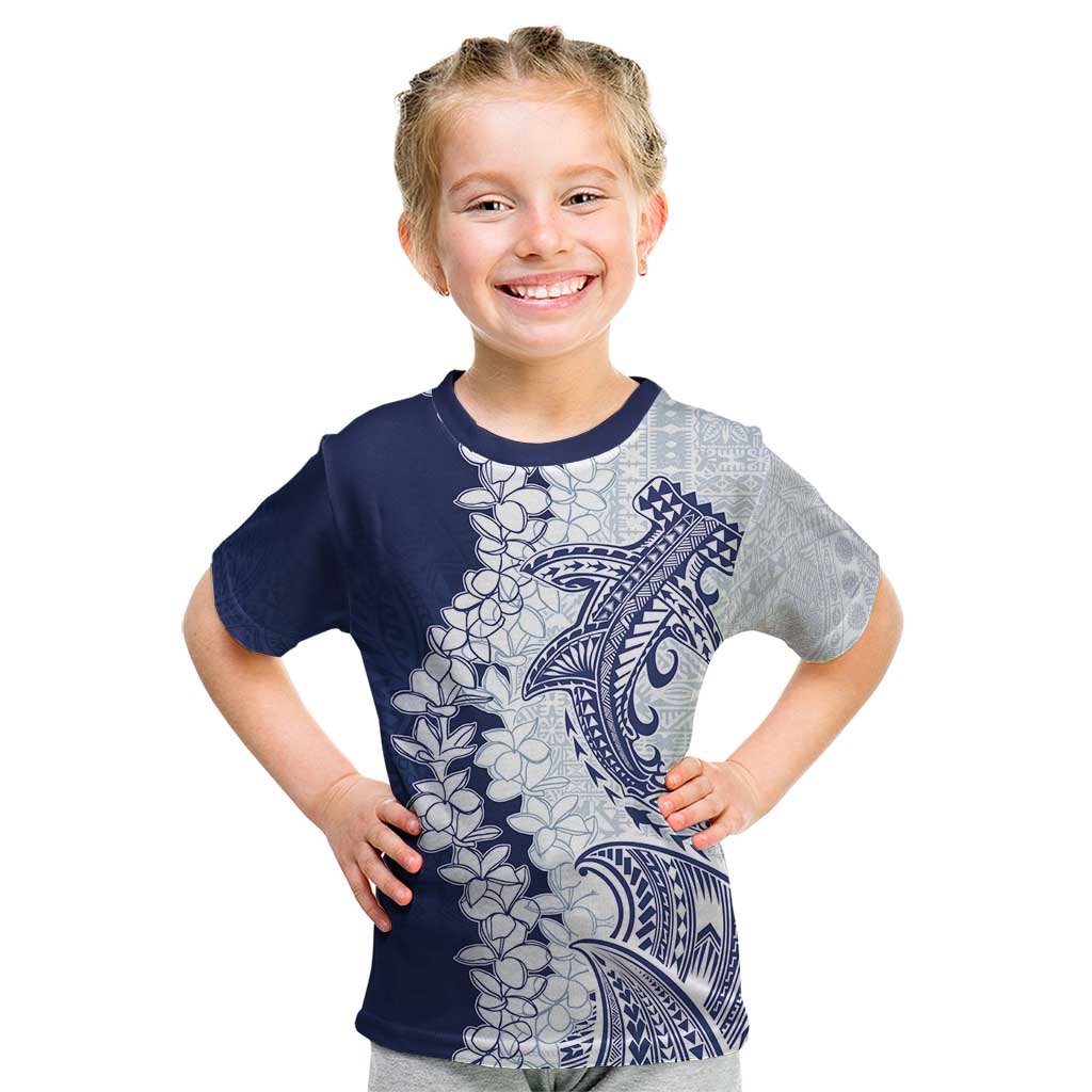 Polynesian Navy Blue Plumeria Lei Kid T Shirt with Hammerhead Shark