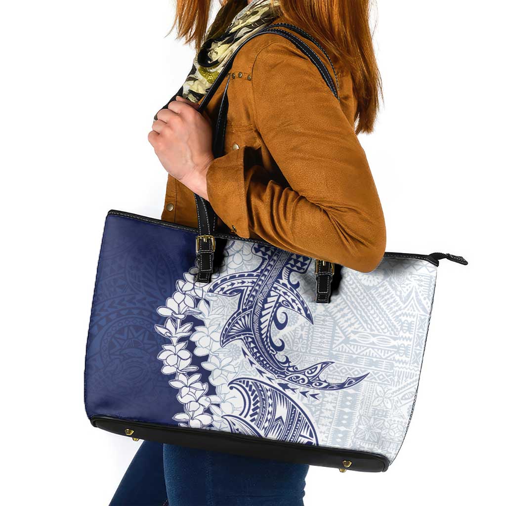 Polynesian Navy Blue Plumeria Lei Leather Tote Bag with Hammerhead Shark LT7 Navy Blue - Polynesian Pride