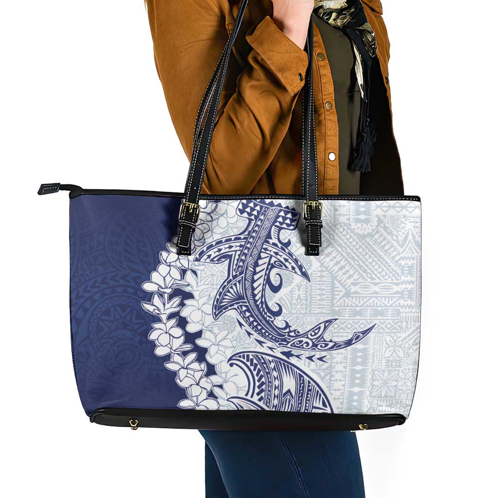 Polynesian Navy Blue Plumeria Lei Leather Tote Bag with Hammerhead Shark LT7 - Polynesian Pride