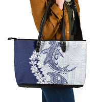 Polynesian Navy Blue Plumeria Lei Leather Tote Bag with Hammerhead Shark LT7 - Polynesian Pride