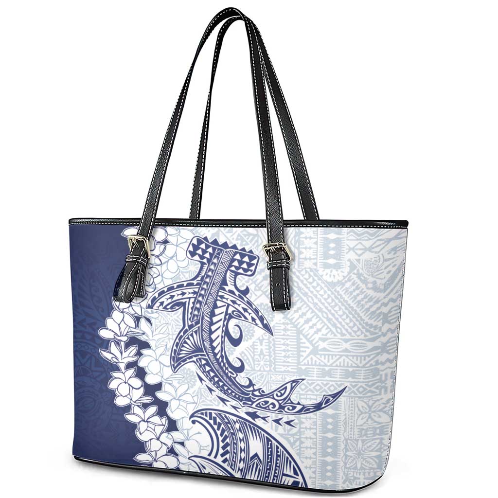 Polynesian Navy Blue Plumeria Lei Leather Tote Bag with Hammerhead Shark LT7 - Polynesian Pride