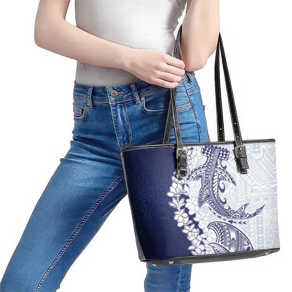 Polynesian Navy Blue Plumeria Lei Leather Tote Bag with Hammerhead Shark LT7 - Polynesian Pride