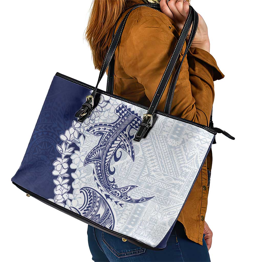 Polynesian Navy Blue Plumeria Lei Leather Tote Bag with Hammerhead Shark LT7 - Polynesian Pride