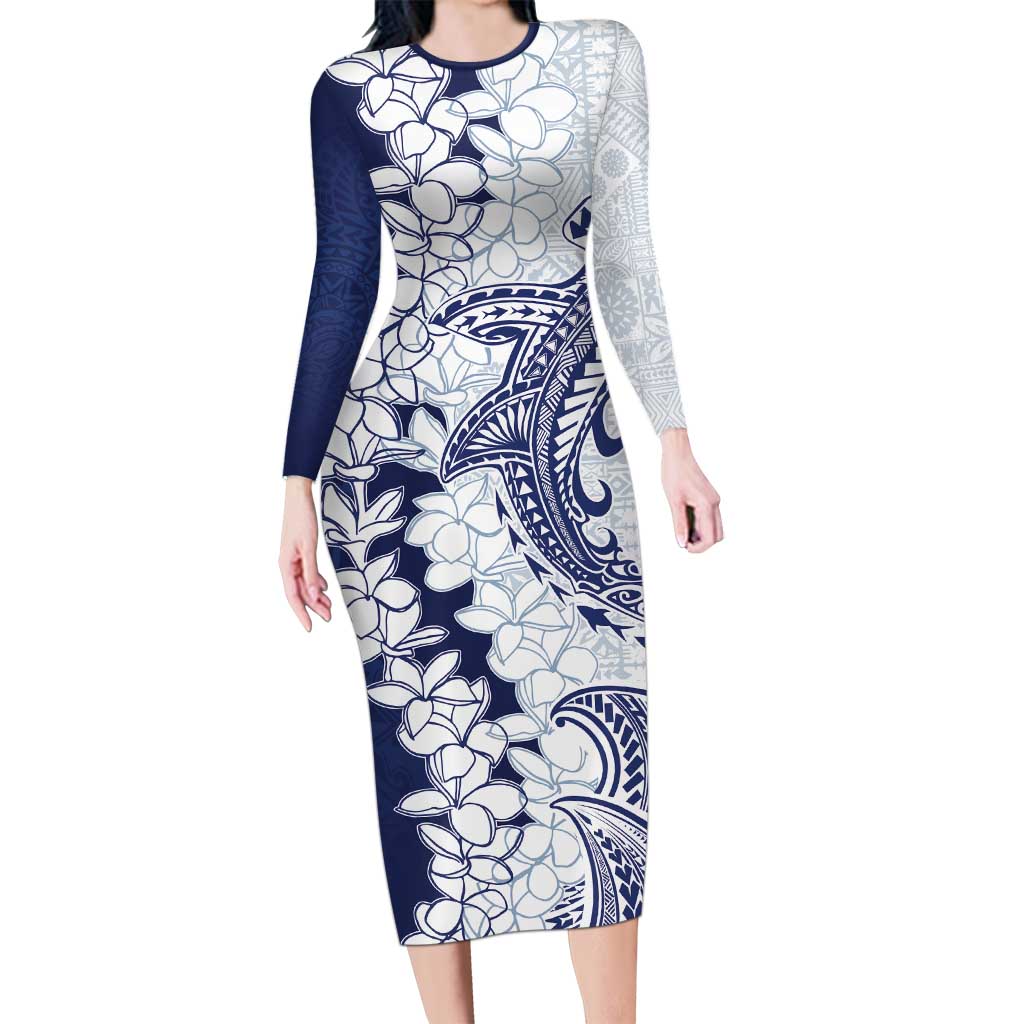 Polynesian Navy Blue Plumeria Lei Long Sleeve Bodycon Dress with Hammerhead Shark