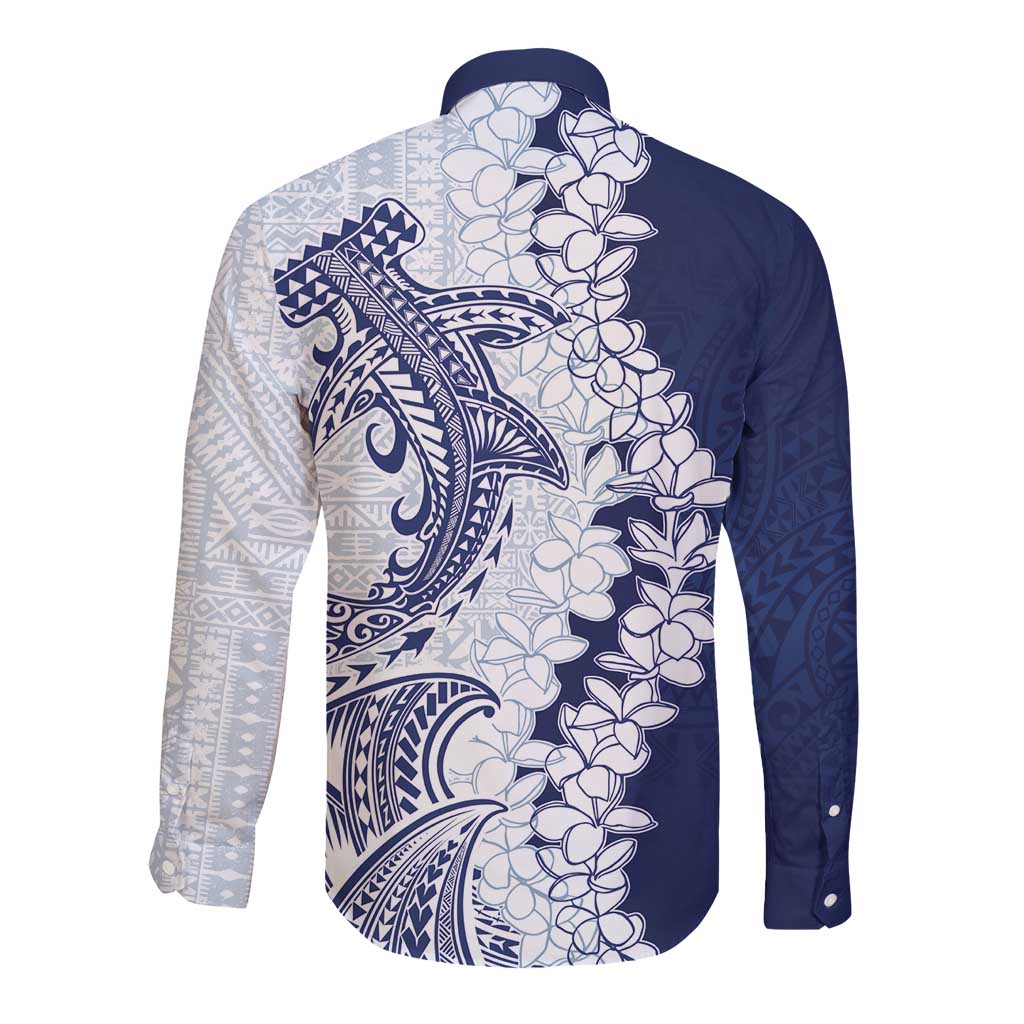 Polynesian Navy Blue Plumeria Lei Long Sleeve Button Shirt with Hammerhead Shark